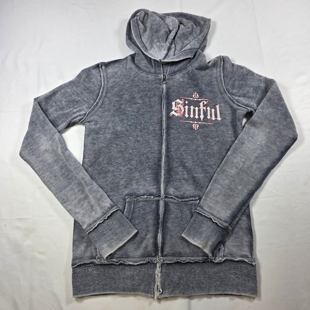 Sinful by Affliction Grey Mineral Wash Angel Wings Zip Up Hoodie Y2K Small